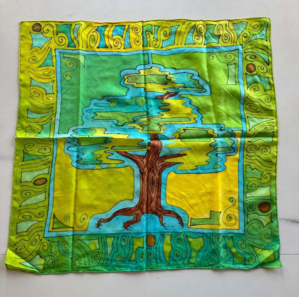Silk Bandana Pocket Square Tree Of Life Green Blue Yellow
